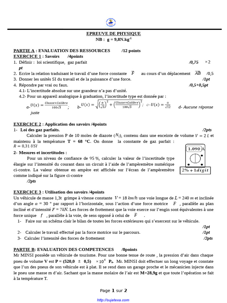 Épreuve de Physique : Gaz Parfaits et Forces | PDF | Chimie physique ...