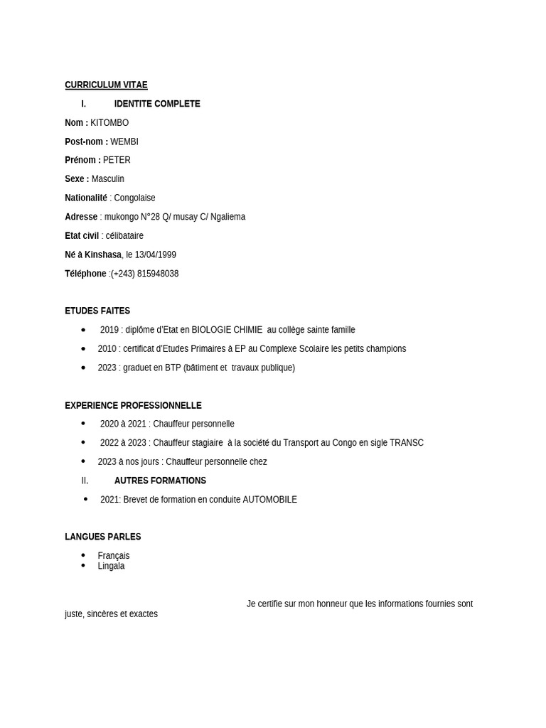 CV de Peter Kitombo | PDF