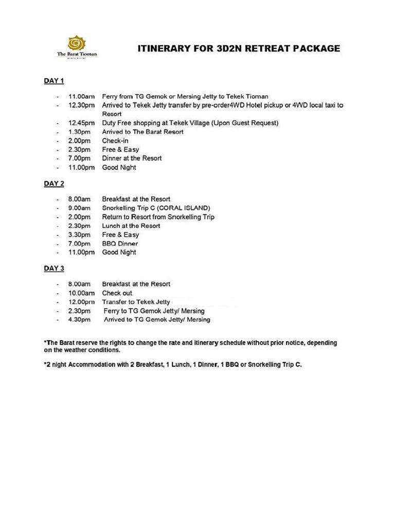 3D2N Barat Tioman Itinerary | PDF