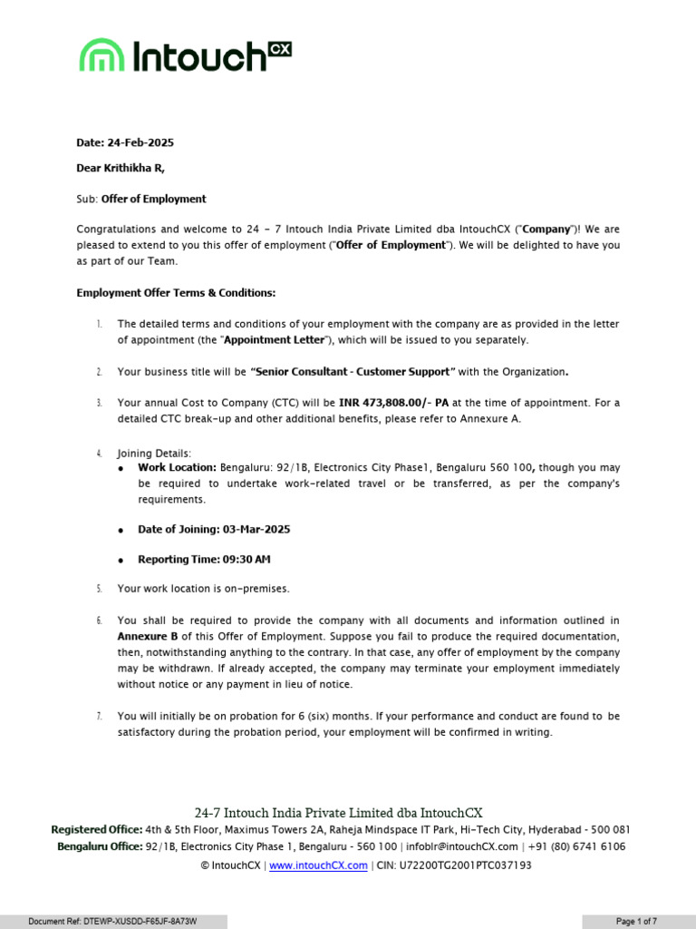 IntouchCX Employment Offer Details | PDF | Background Check | Insurance