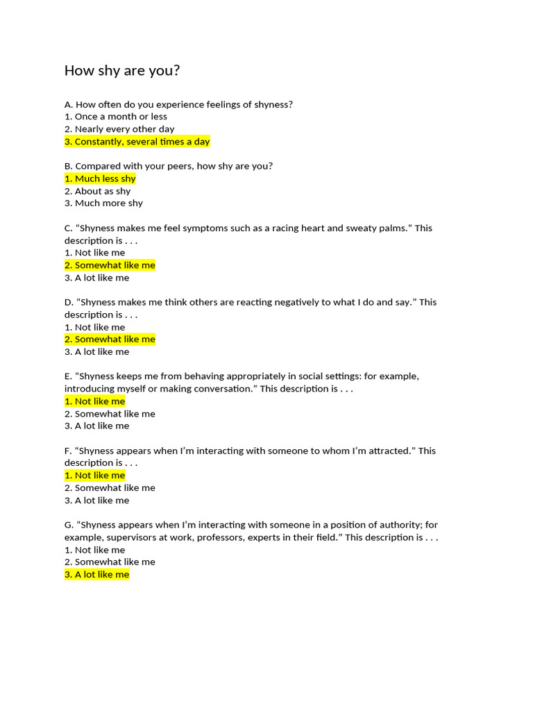 Assessing Your Shyness Level Quiz | PDF