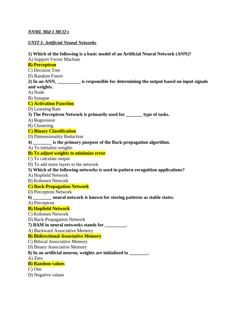 NNML Midterm MCQ Review | PDF | Deep Learning | Learning