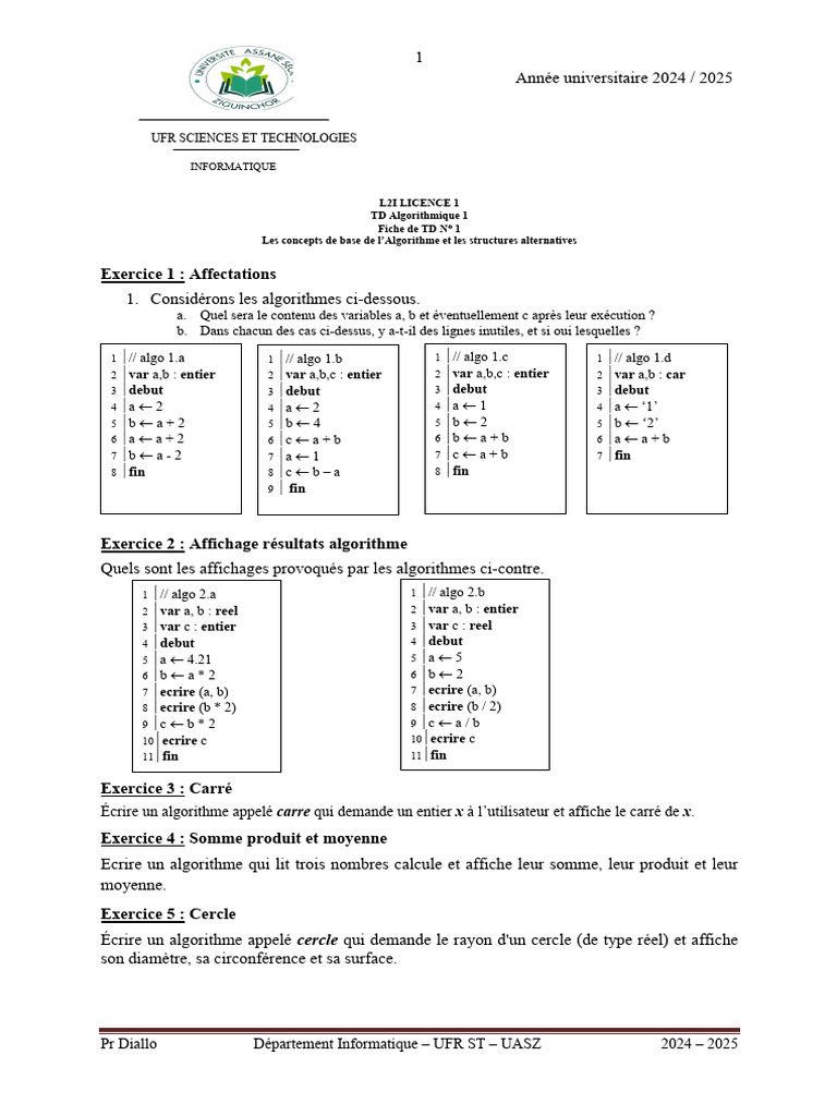 TD Algorithmique : Exercices de Base | PDF | Mathématiques ...