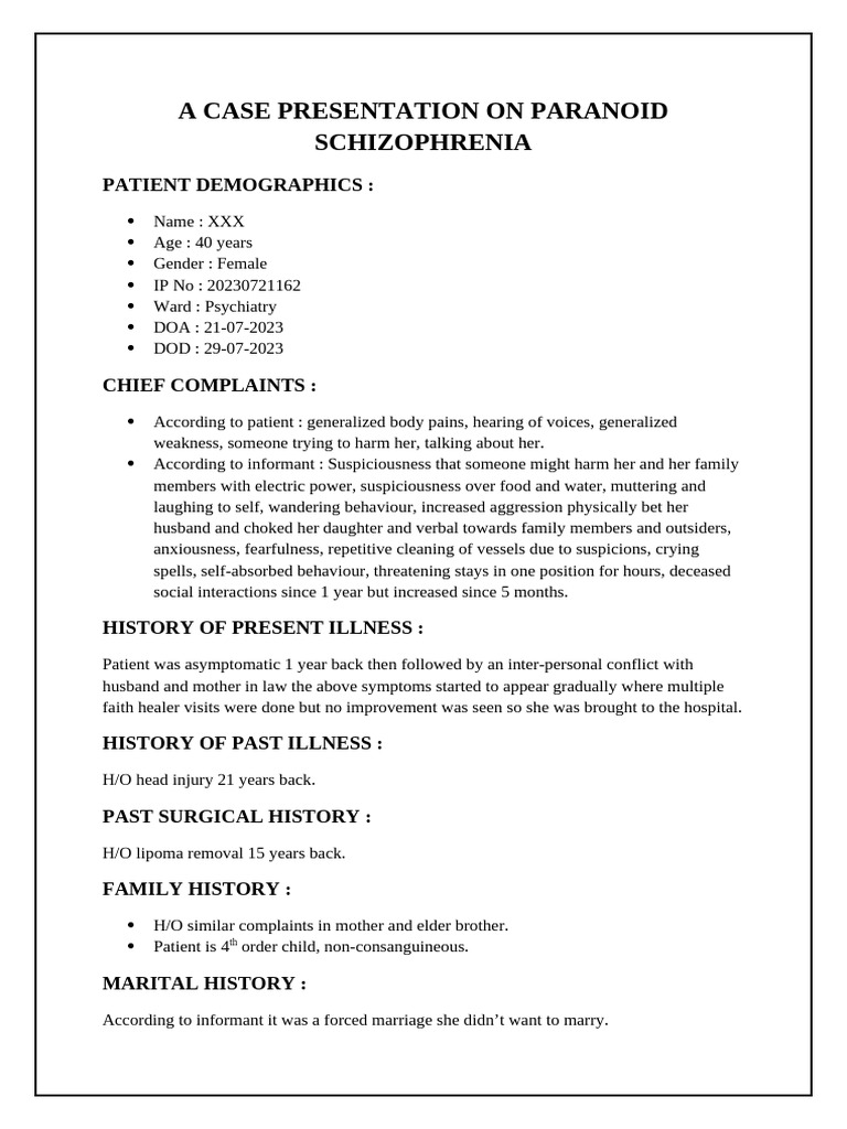 Case Presentation: Paranoid Schizophrenia | PDF | Mood Disorders ...