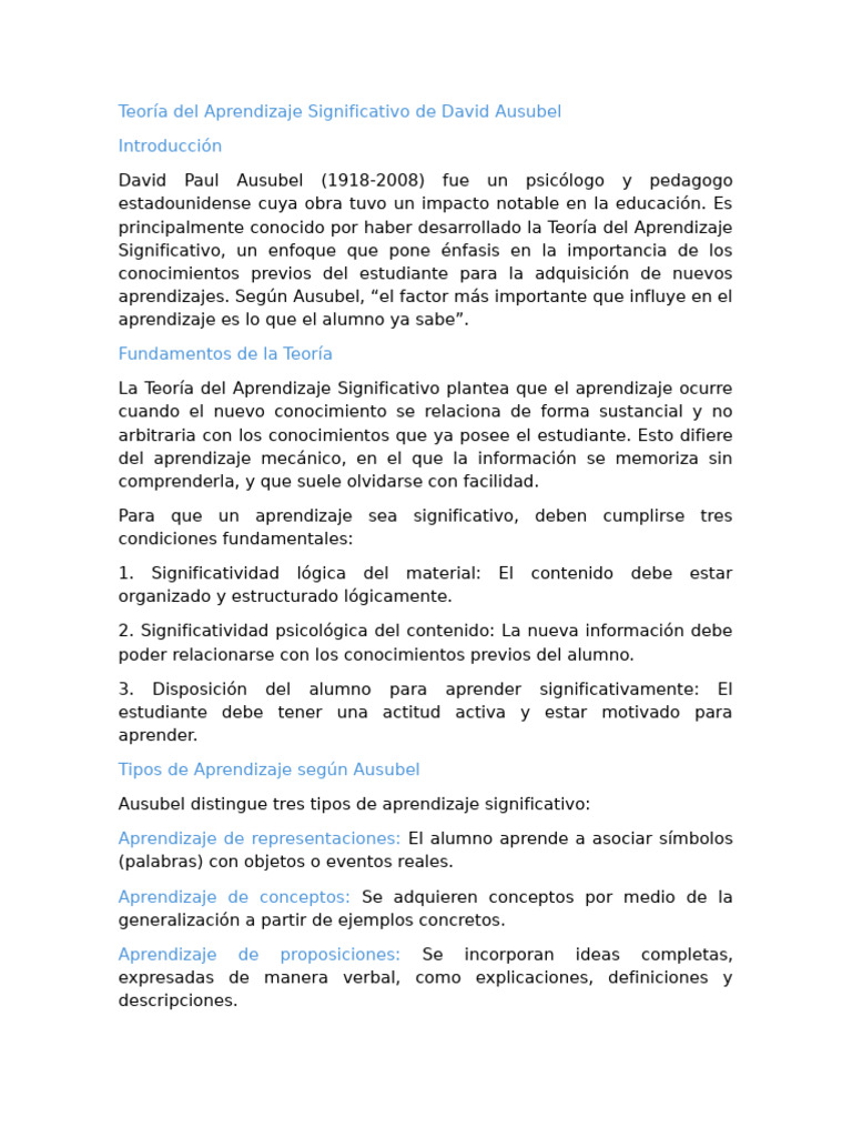 Teoría del Aprendizaje Significativo de Ausubel | PDF | Aprendizaje ...
