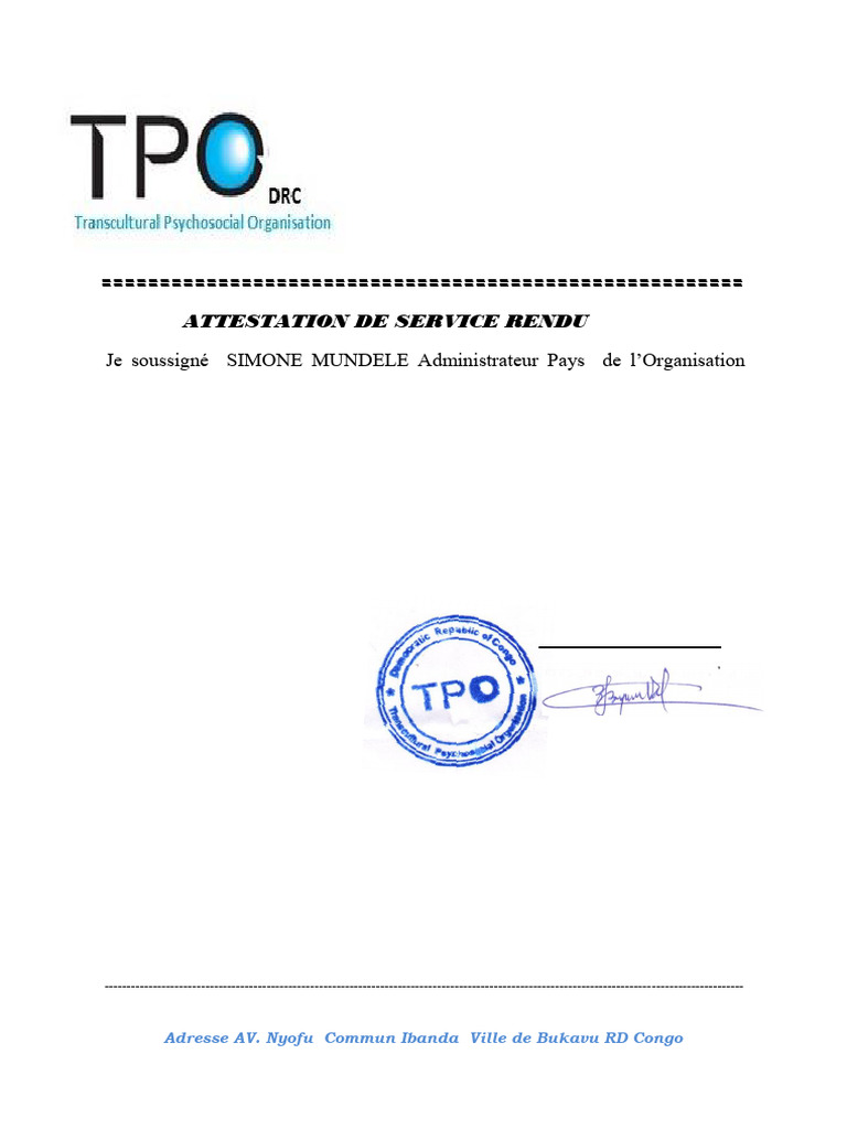 Attestation de service rendu à KANOZIRE SIMON | PDF
