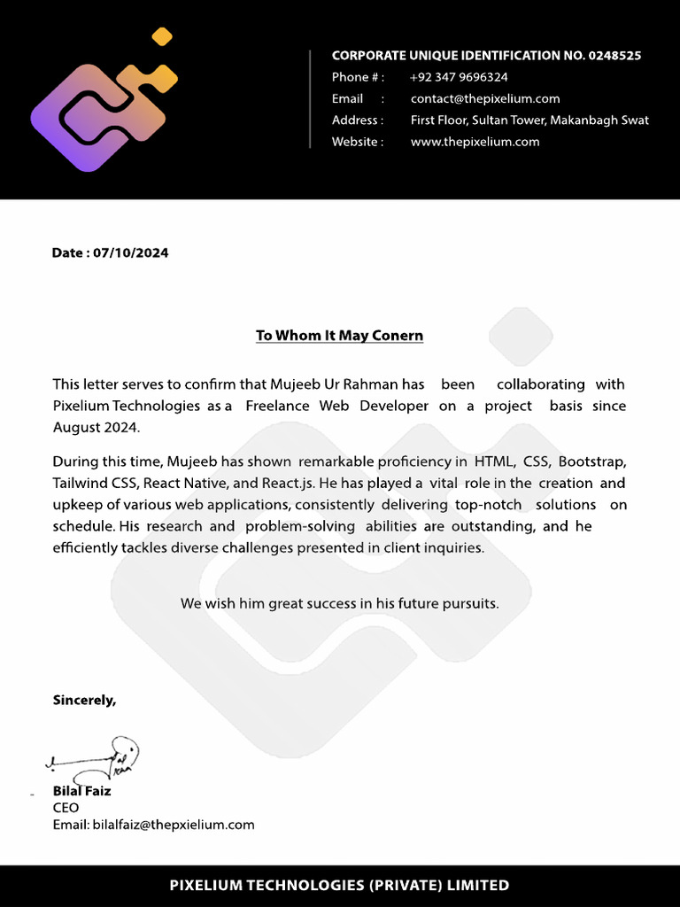 Mujeeb Ur Rahman Freelance Web Developer Confirmation | PDF