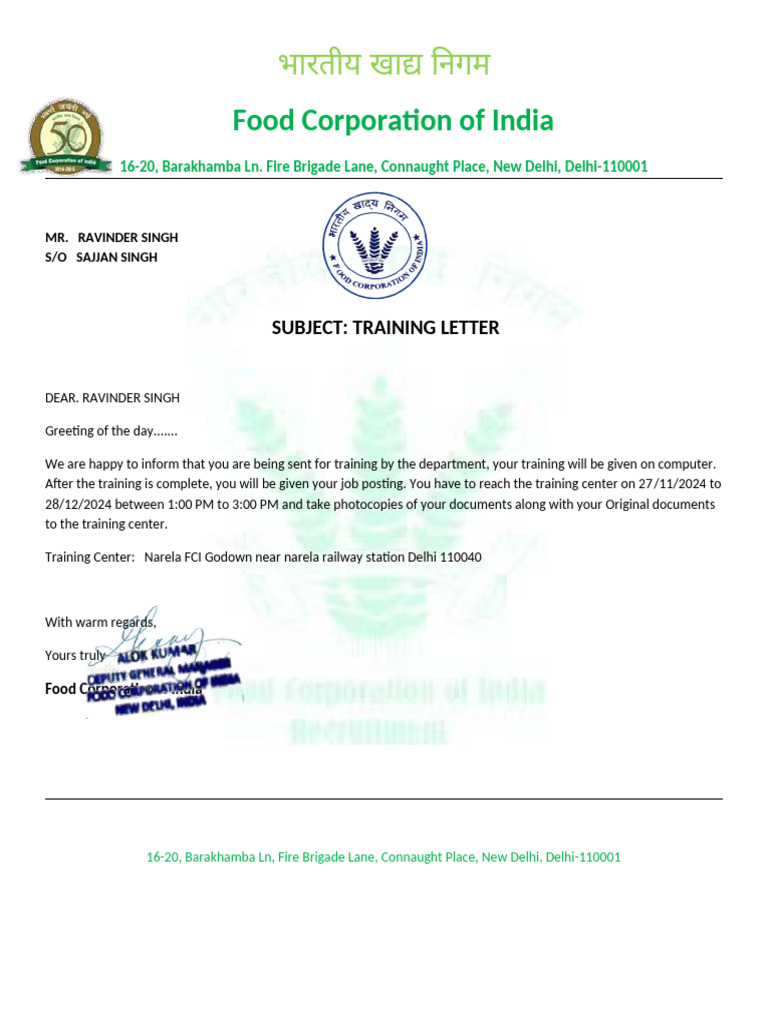 FCI Training Notification for Ravinder Singh | PDF