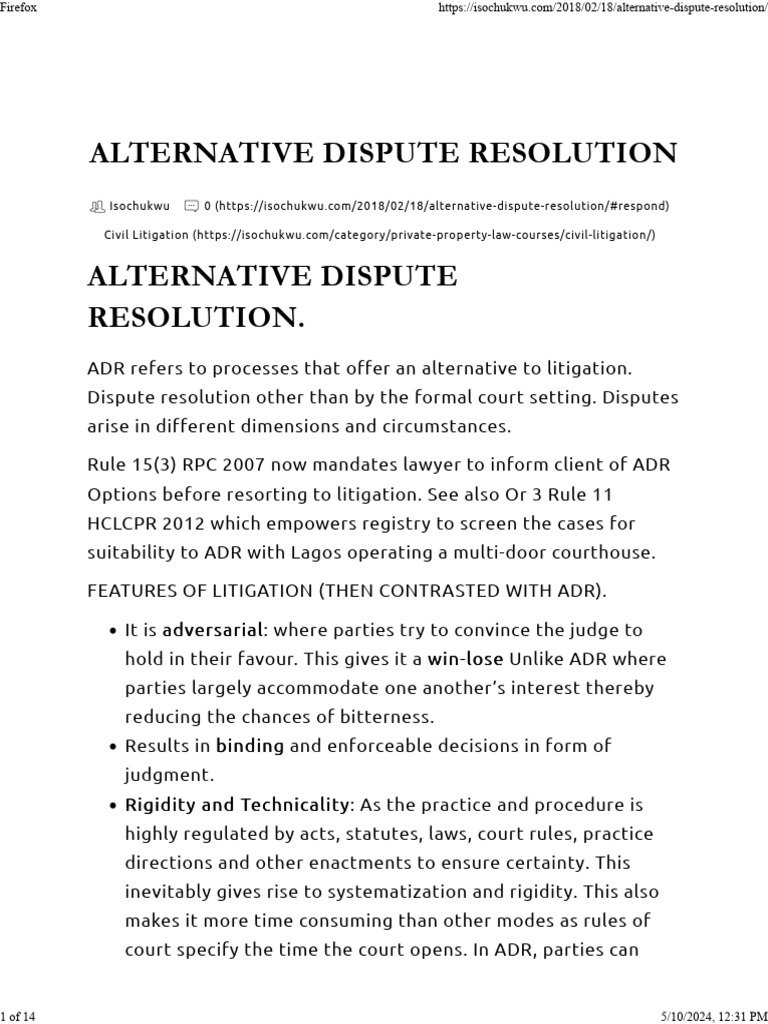 ALTERNATIVE DISPUTE RESOLUTION - Isochukwu LTD | PDF | Mediation ...