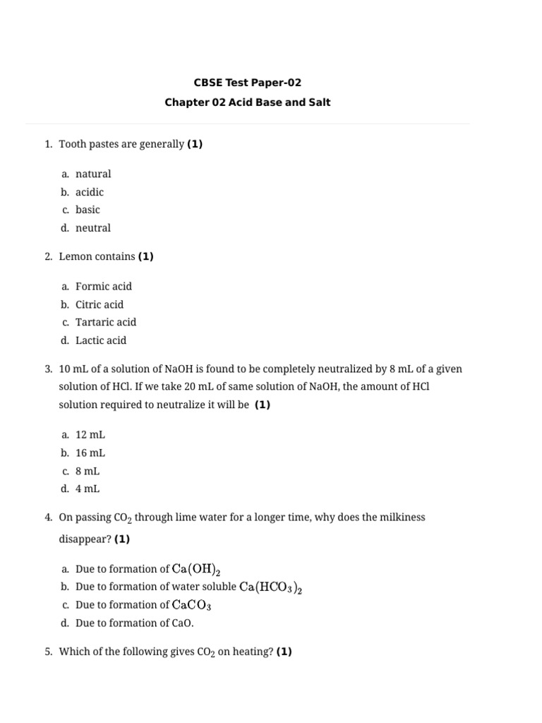 CBSE Acid-Base and Salt Test Paper | PDF | Acid | Sodium Hydroxide