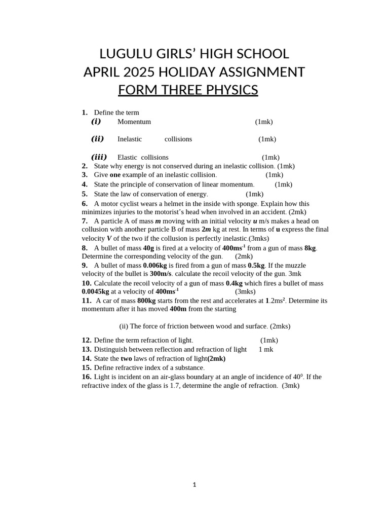 Form Three Physics Holiday Assignment | PDF | Refraction | Momentum