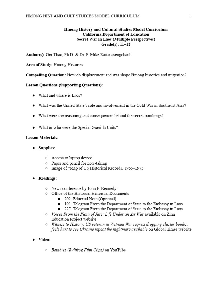 Hmong History Curriculum: Secret War Insights | PDF | Laos | Hmong People