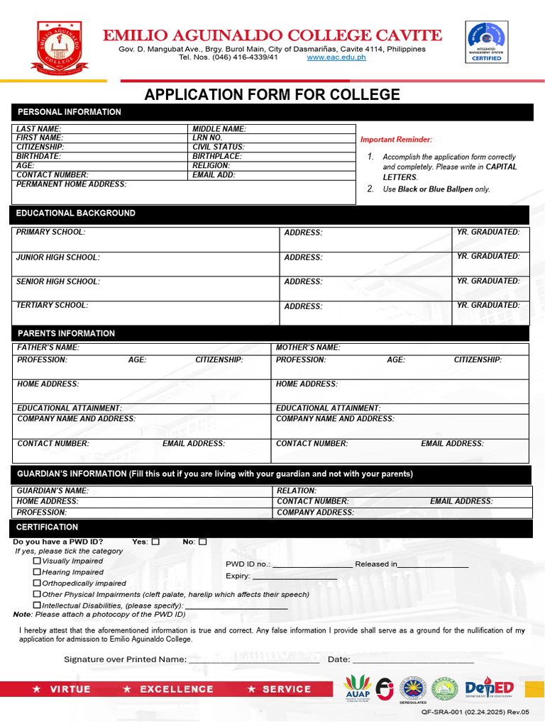College Application Form Template | PDF