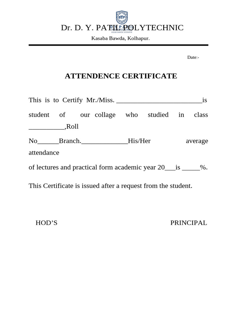 Dr. D. Y. Patil Polytechnic: Attendence Certificate | PDF