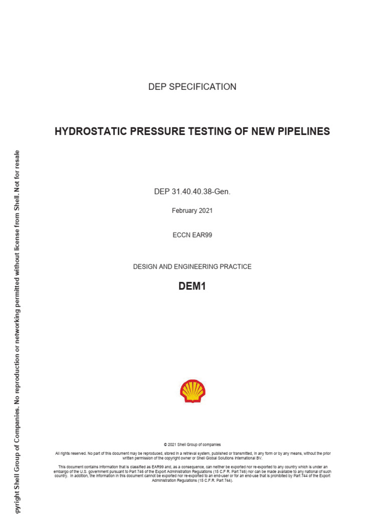 Hydrostatic Pressure Testing of New Pipelines: Dep Specification | PDF ...