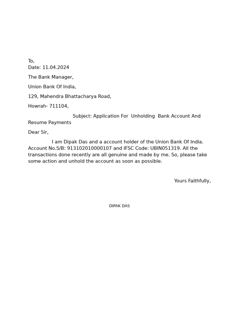 Unhold Bank Account Request Letter | PDF