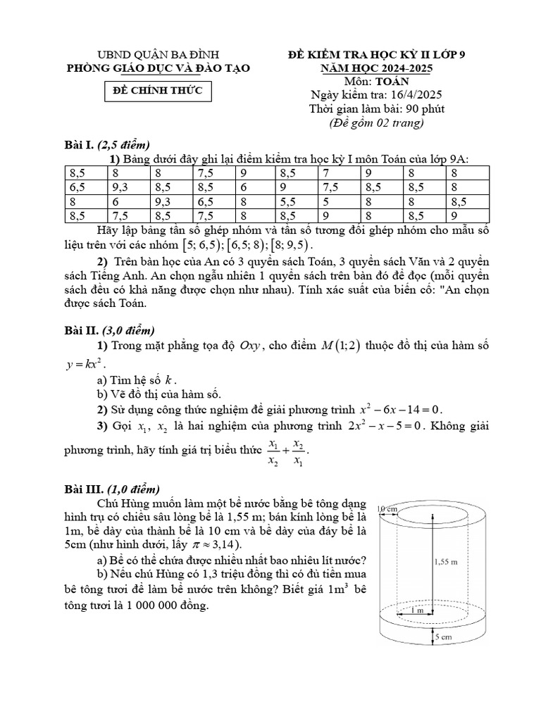 De Hoc Ky 2 Toan 9 Nam 2024 2025 Phong GDDT Ba Dinh Ha Noi | PDF