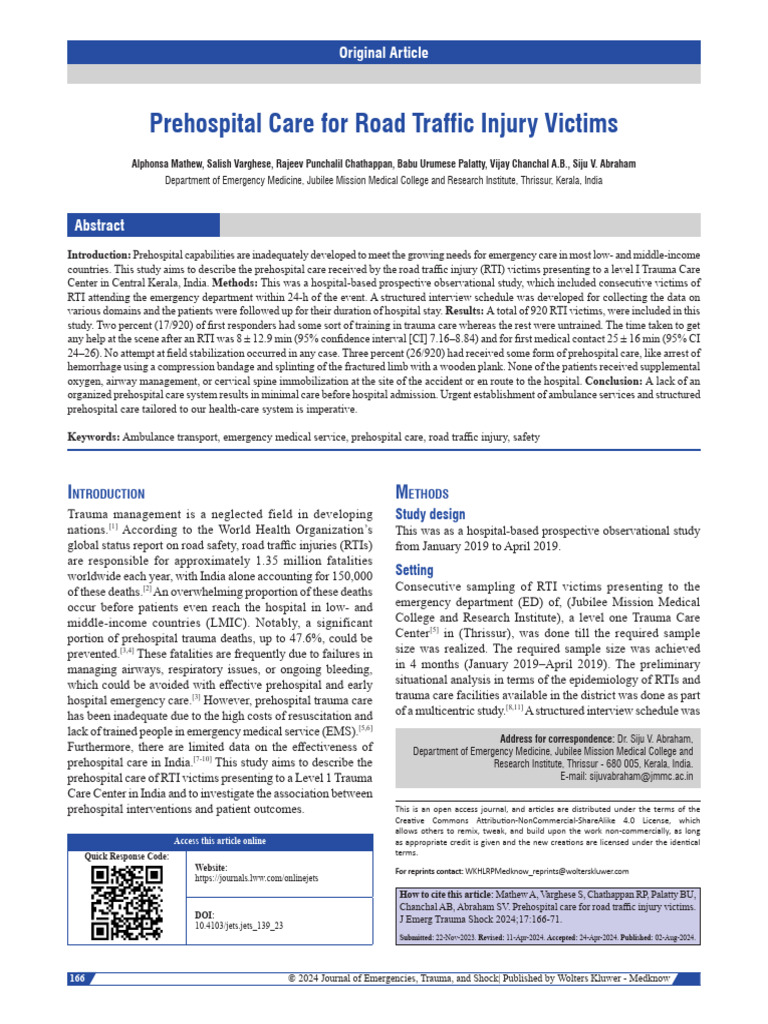 Prehospital Care For Road Traffic Injury Victims.8 | PDF | Emergency ...