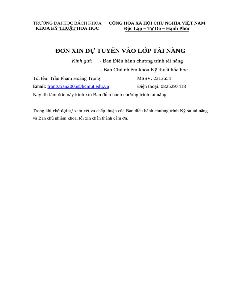 AA011 - Don Xin Du Tuyen Vao Lop KSTN | PDF