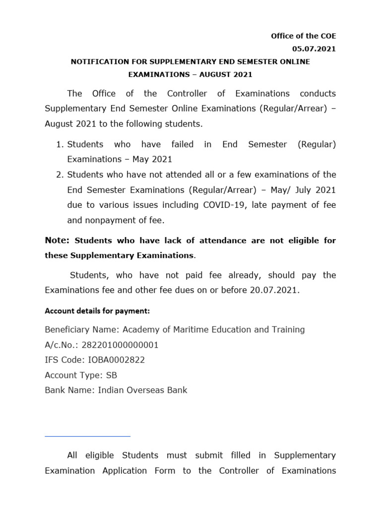 August 2021 Supplementary Exam Notice | PDF