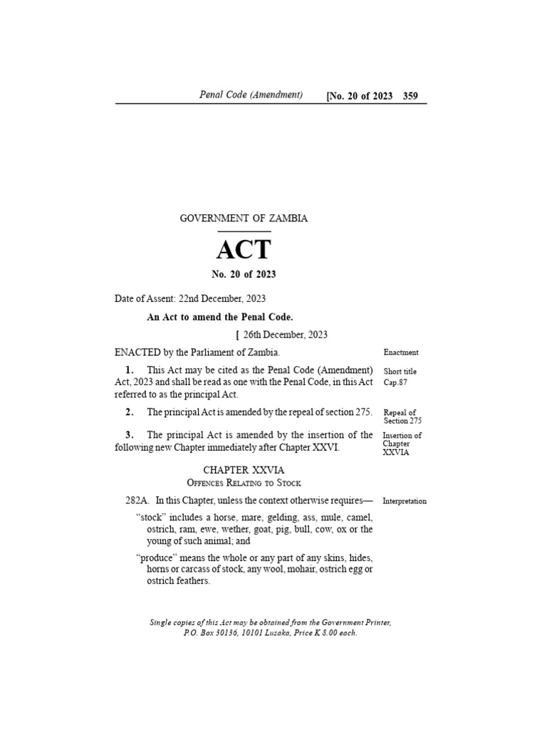 Zambia Penal Code Amendment 2023 | PDF | Public Law | Criminal Law