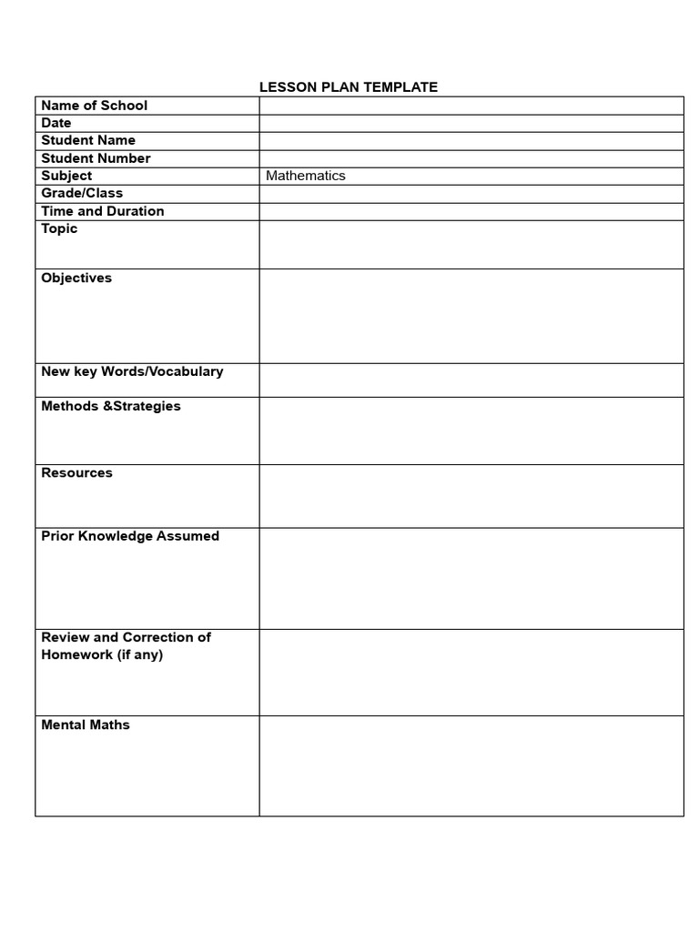 Mathematics Lesson Plan Template 2024 PDF | PDF