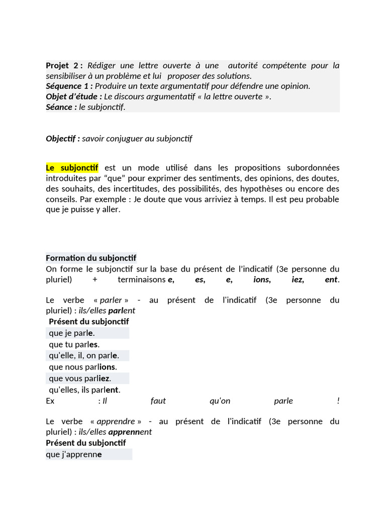 Conjugaison du Subjonctif Présent | PDF | Verbe | Relations syntaxiques