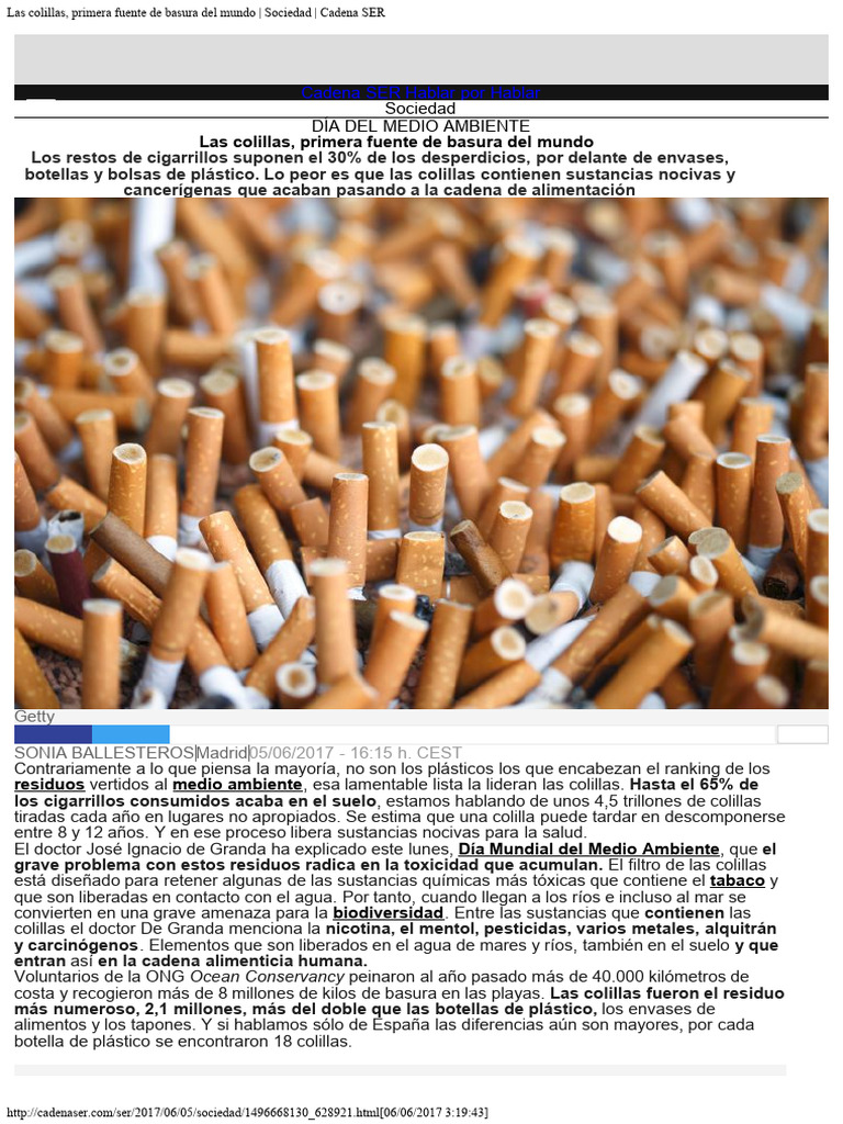 Colillas: Principal Residuos Globales | PDF | Residuos | Cigarrillo
