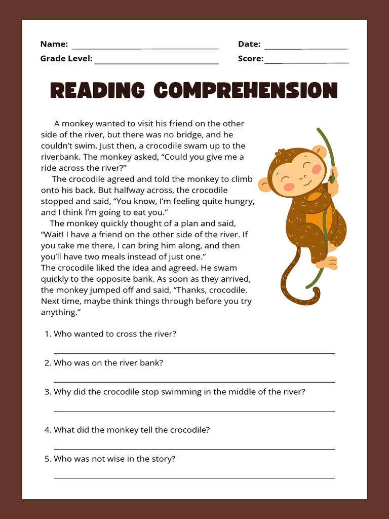 Reading Comprehension Worksheet in Brown and White Illustrative Style | PDF