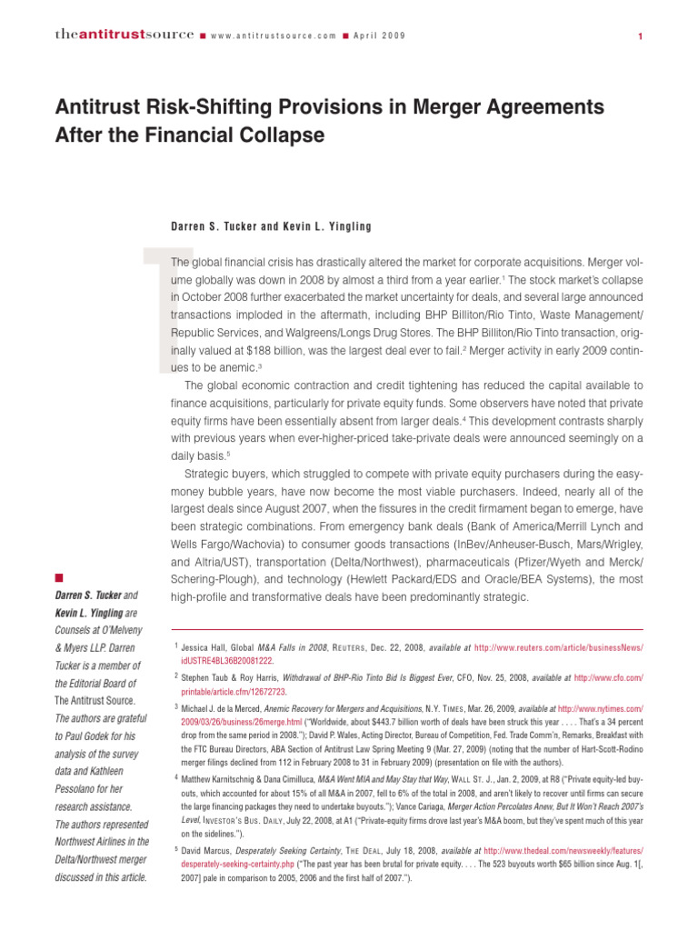 Antitrust Risk-Shifting in M&A Contracts | PDF | Mergers And ...
