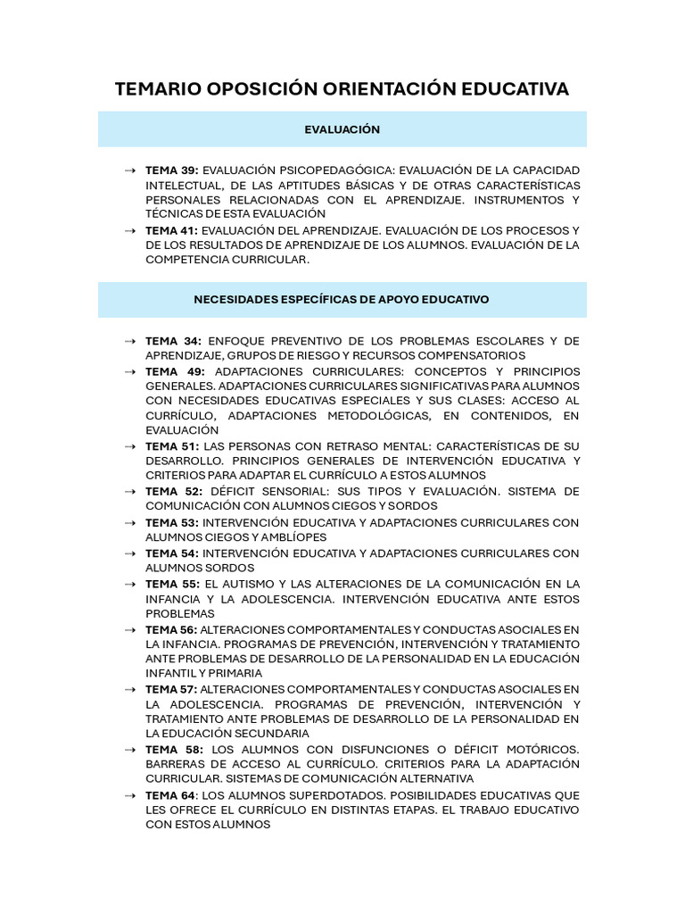 Temario Oposición Orientación Educativa | PDF | Plan de estudios ...