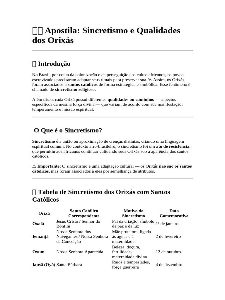 Sincretismo dos Orixás e Santos Católicos | PDF | Santeria