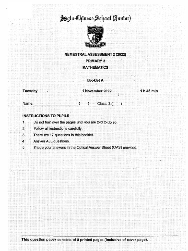 P3 Maths 2022 ACSJ SA2 Papers Wo | PDF