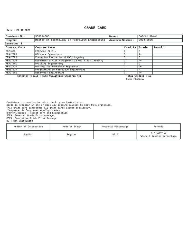 MTech Eng PEng SEM 1 SEM GRADE CARD 1 1737973837006 STD | PDF