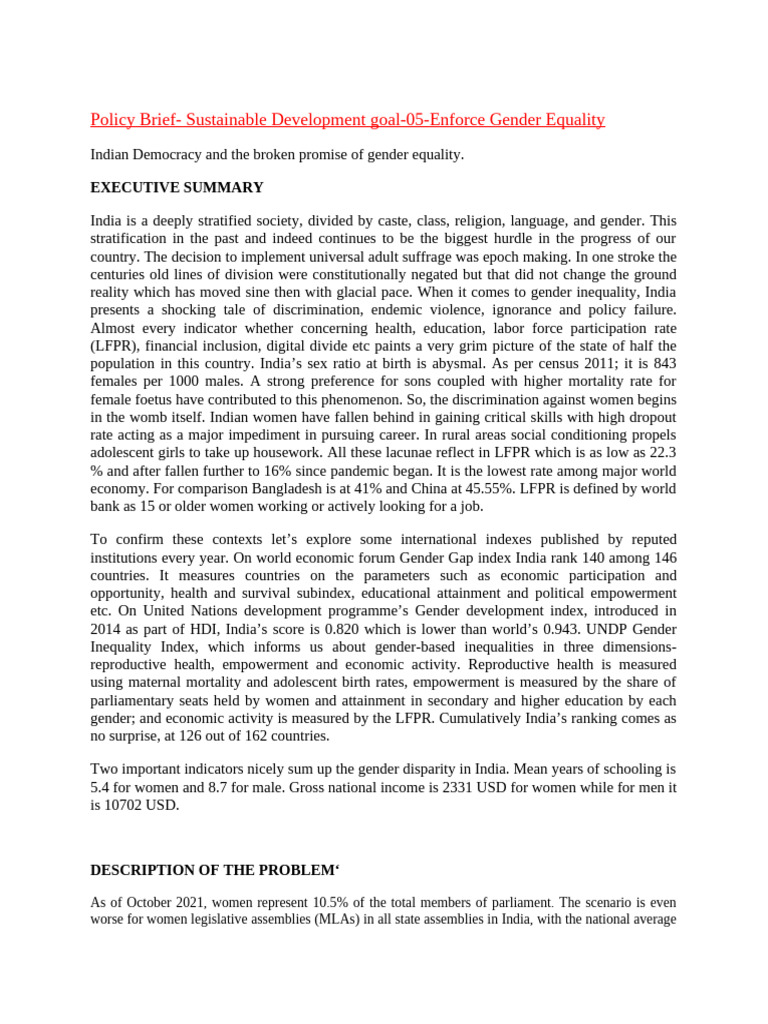 Policy Brief- Sustainable Development goal-05-Enforce Gender Equality ...