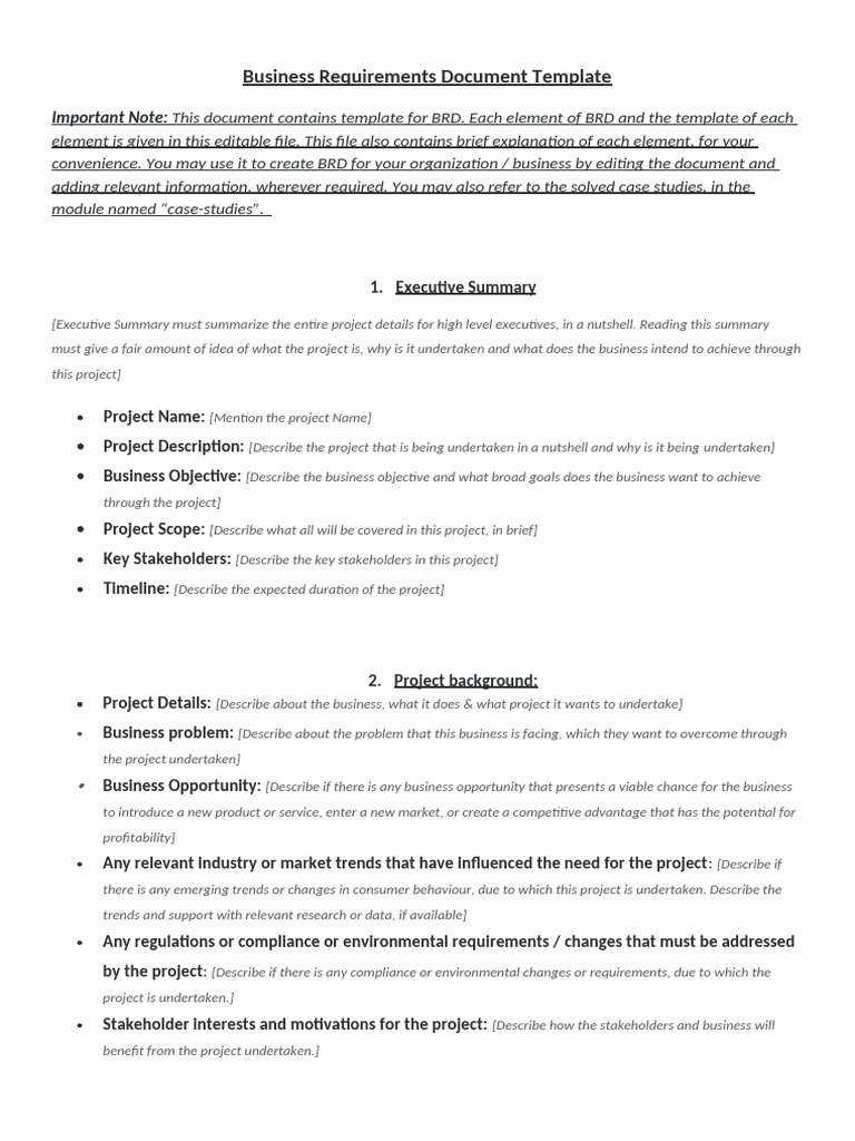 BRD Template for Business Projects | PDF | Risk | Performance Indicator