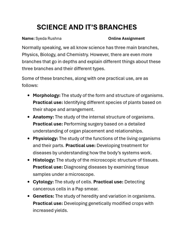 Overview of Science's Branches | PDF | Biology | Life Sciences