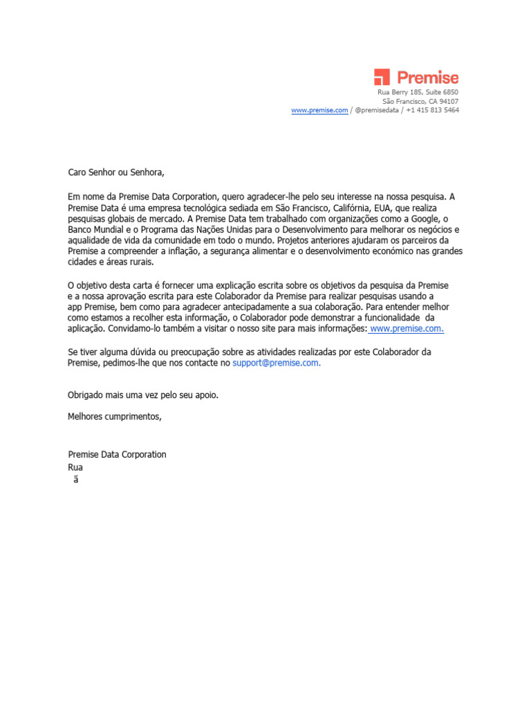 Agradecimento e Informações da Premise Data | PDF