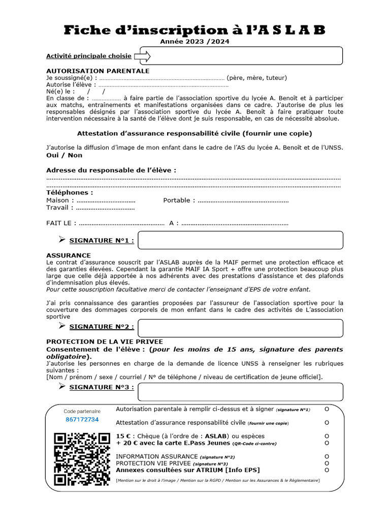 Formulaire d'inscription ASLAB 2023/2024 | PDF | Assurance