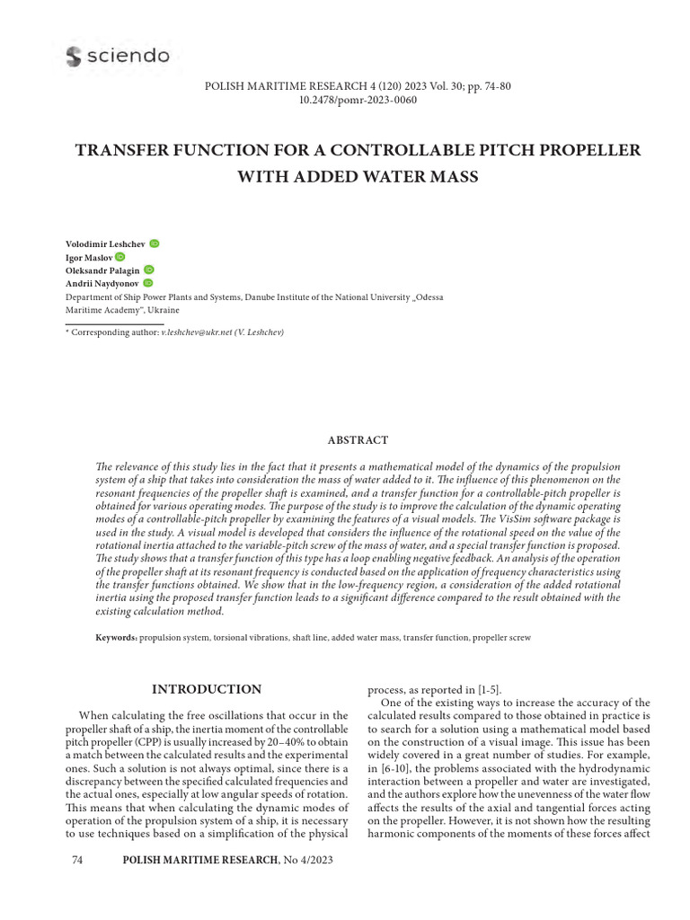 Transfer Function for Ship Propeller Dynamics | PDF | Propeller | Resonance
