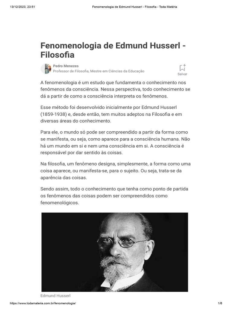 Fenomenologia de Husserl e a Consciência | PDF | Fenomenologia ...