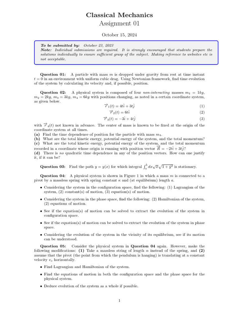 Classical Mechanics Assignment 01 | PDF | Momentum | Classical Mechanics