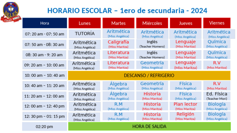 Horario Escolar 1ero Secundaria 2024 | PDF
