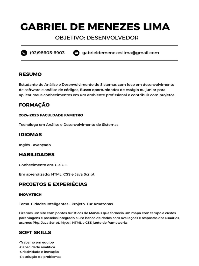 Currículo de Desenvolvedor Gabriel Lima | PDF