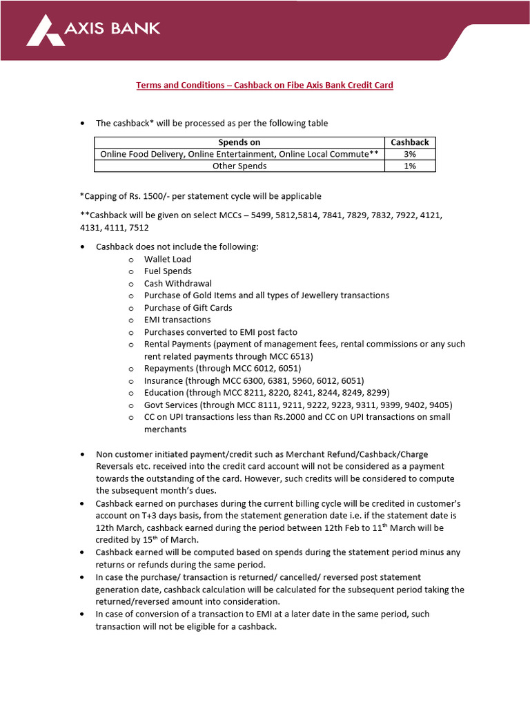 Terms and Conditions Cashback On Fibe Axis Bank Credit Card | PDF ...