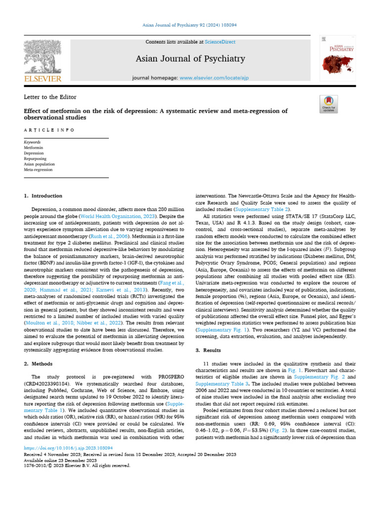 Effect of Metformin On The Risk of Depression A Systematic Review and ...