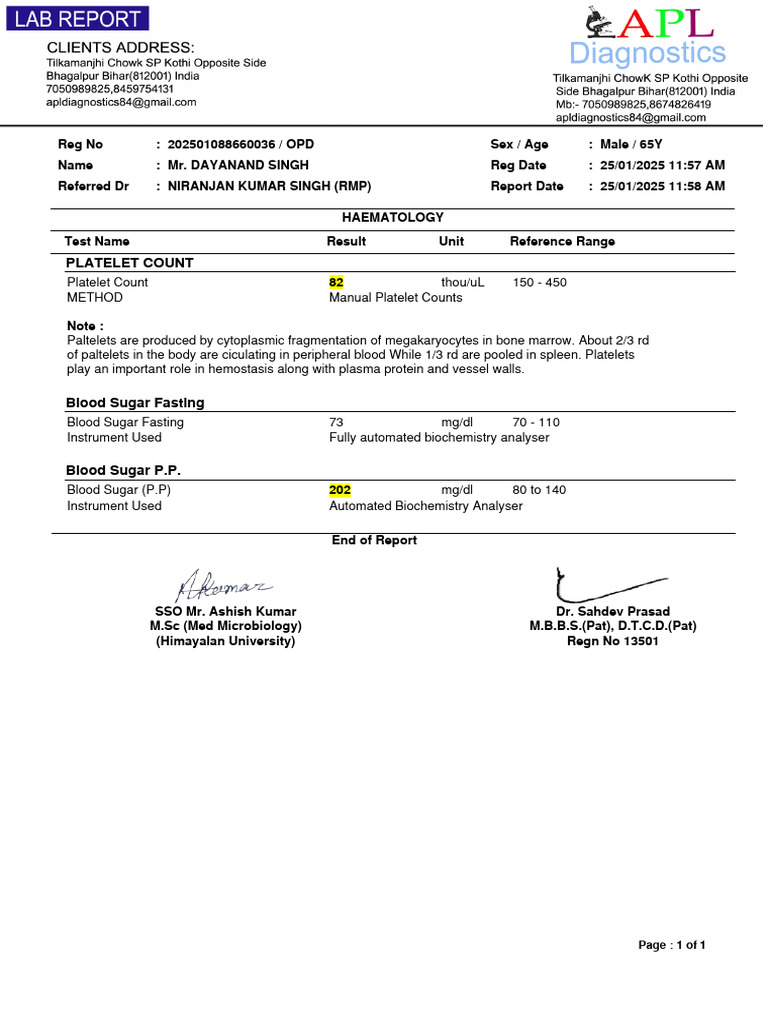 Blood Test Report for Mr. Dayanand Singh | PDF