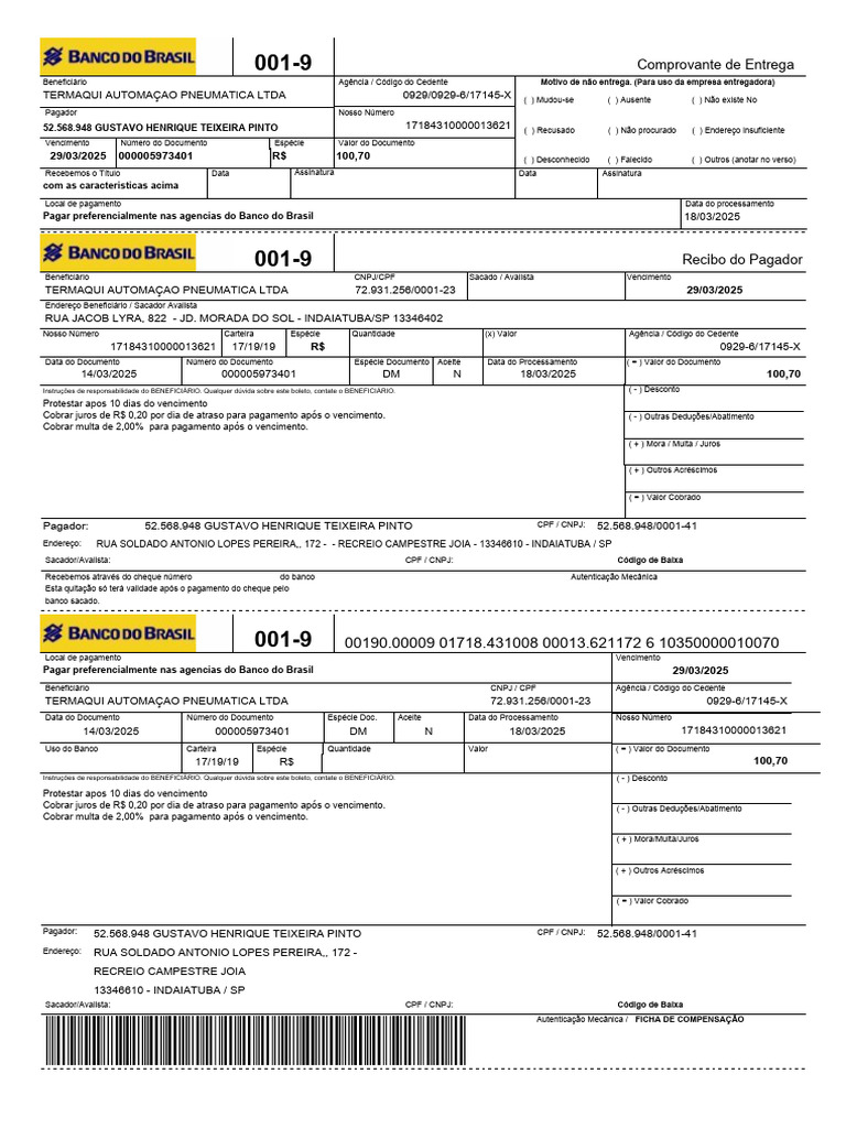Comprovante de Entrega de Boleto 100,70 | PDF | Tecnologia financeira ...