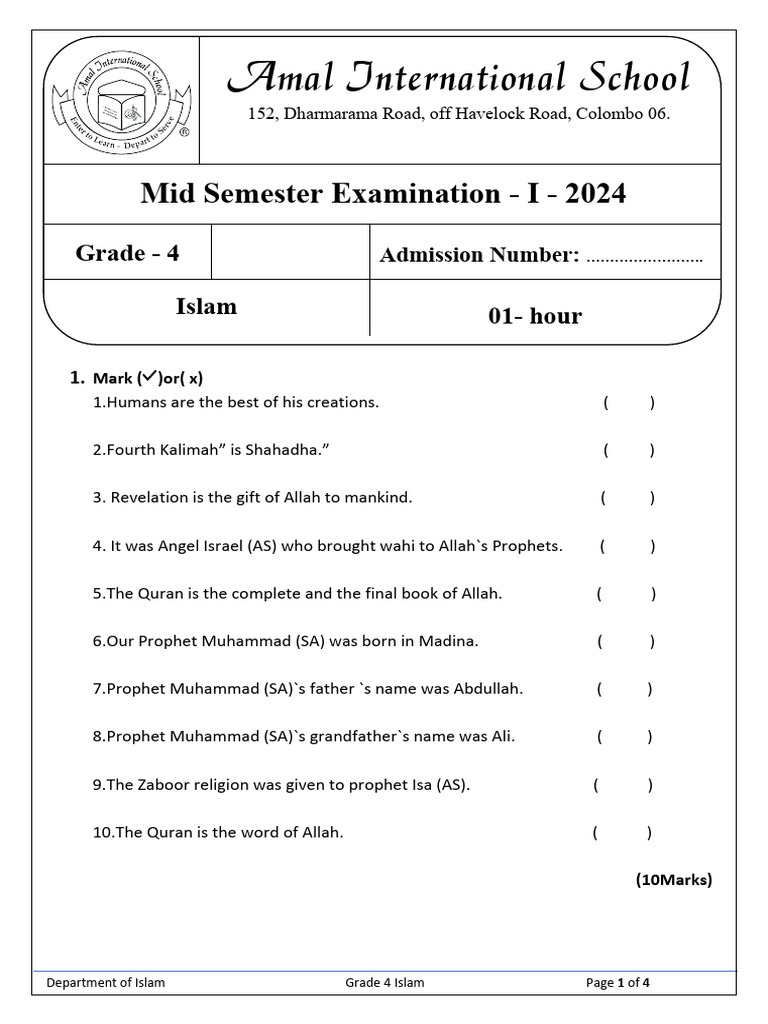 Grade 4 Islam Exam Paper 2024 | PDF | Prophets And Messengers In Islam ...