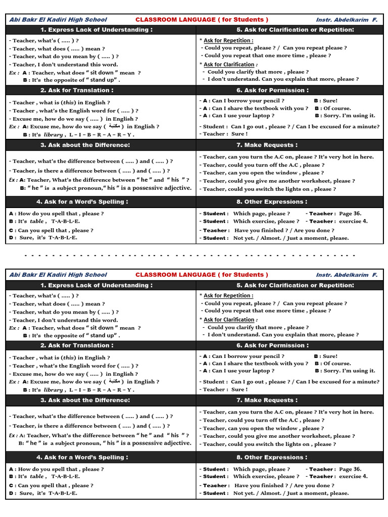 Classroom Language - Handout | PDF | Morphology | Linguistic Typology